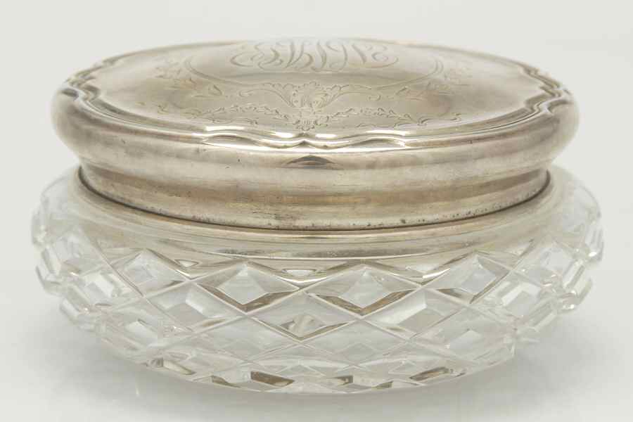 Hepplewhite-Engrv (Strl, Hlwr, Floral Swag) Powder Jar, Crystal Bowl and Sterling Lid by Reed & Barton-1