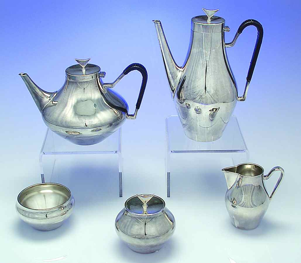 Denmark (Silverplate, 1963, Hollowware) 5-Piece Plated Tea Set (with Waste) by Reed & Barton-1