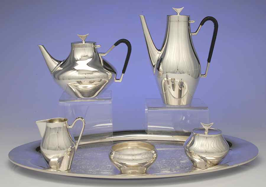 Denmark (Silverplate, 1963, Hollowware) 6-Piece Plated Tea Set (Waste & Tray) by Reed & Barton-1