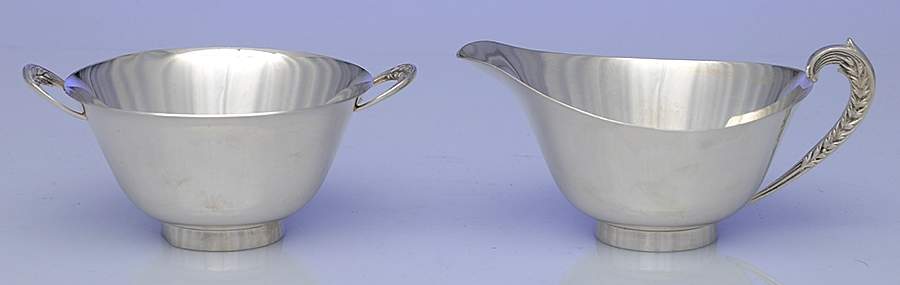 Silver Wheat (Sterling, 1952, Hollowware) Mini Sterling Creamer and Open Sugar by Reed & Barton-1