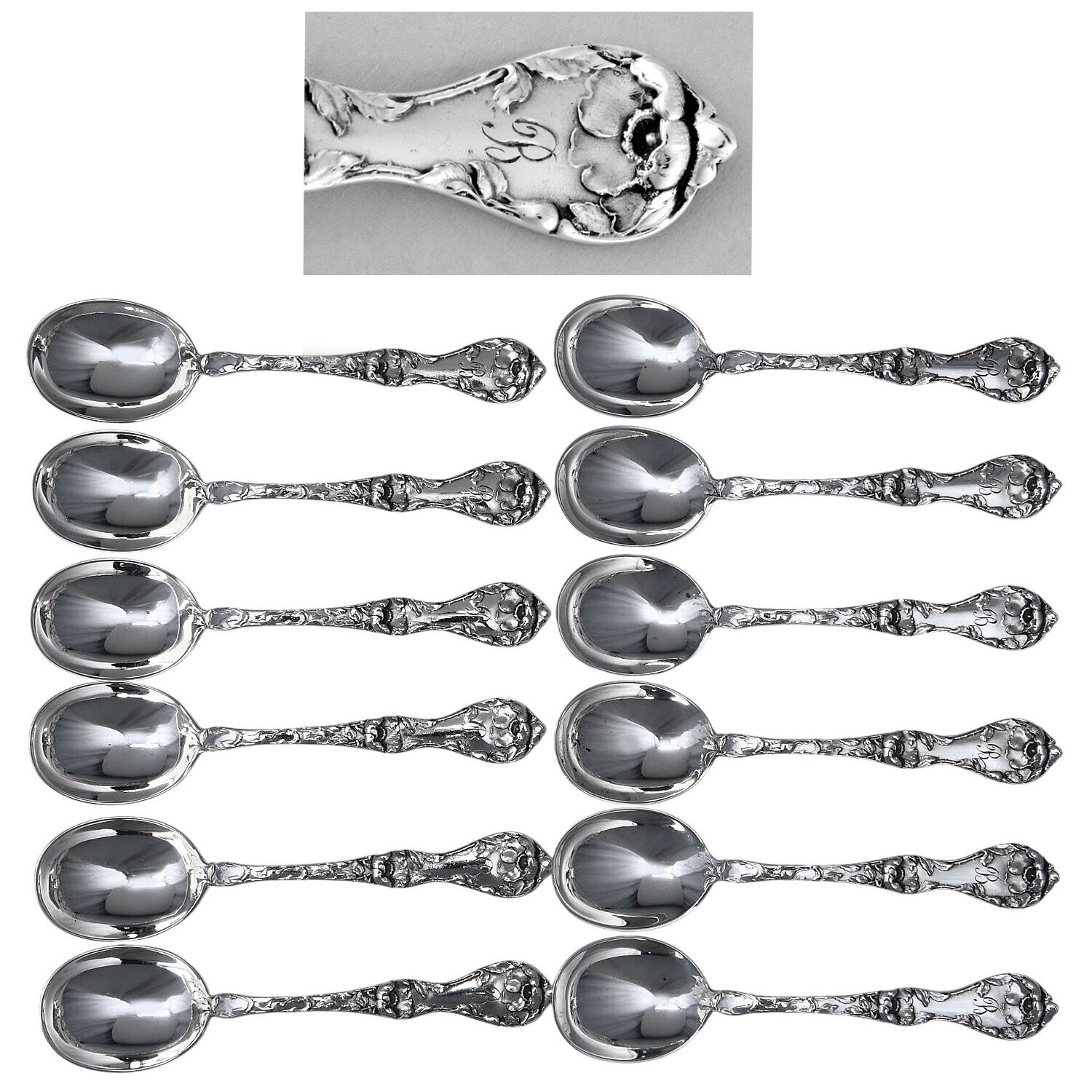 Les Cinq Fleurs (Sterling, 1900, Monograms) Small Short Handle Chocolate Spoon (Set of 12) by Reed & Barton-1