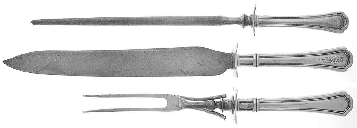 Clovelly (Sterling, 1912, Monograms) (3 Pc)Carving Set-Lg Stnbl/Roast w/Sterling Guard by Reed & Barton-1