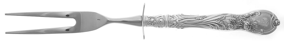 La Parisienne (Sterling, 1902, Monograms) Large Stainless-Prong Roast Carving Fork by Reed & Barton-1