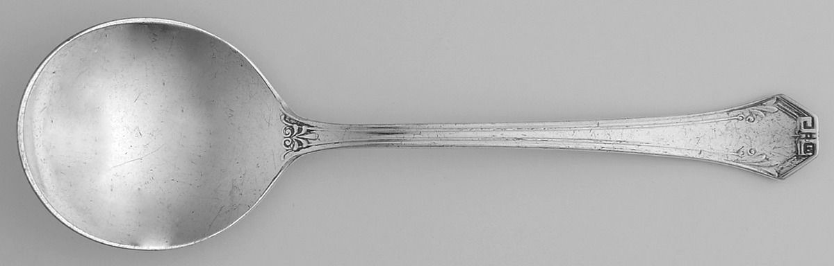 Pompeian (Silverplate, 1930, Monograms) Round Bowl Soup Spoon (Bouillon) by Reed & Barton-1