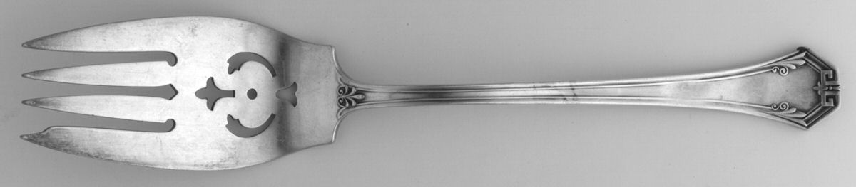 Pompeian (Silverplate, 1930, Monograms) Medium Solid Cold Meat Serving Fork by Reed & Barton-1