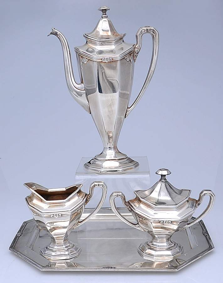 Pompeian (Silverplate, Hollowware) 4 Pc Demi Set w/Demi Coffee Pot,Creamer,Sugar,Tr) by Reed & Barton-1