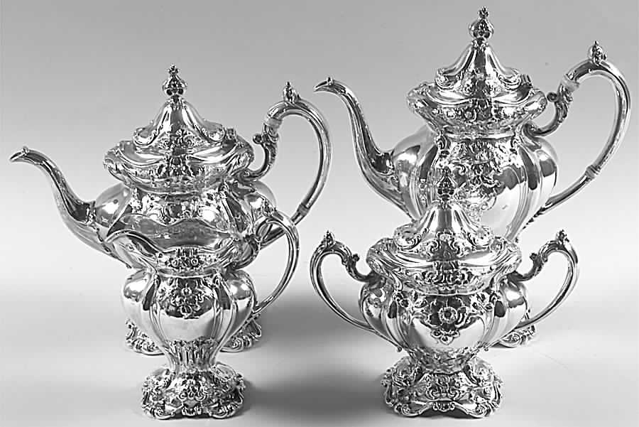 Les Six Fleurs (Sterling, Hollowware) 4 Piece Tea Set (SCP, STP, SCR, SSU) by Reed & Barton-1