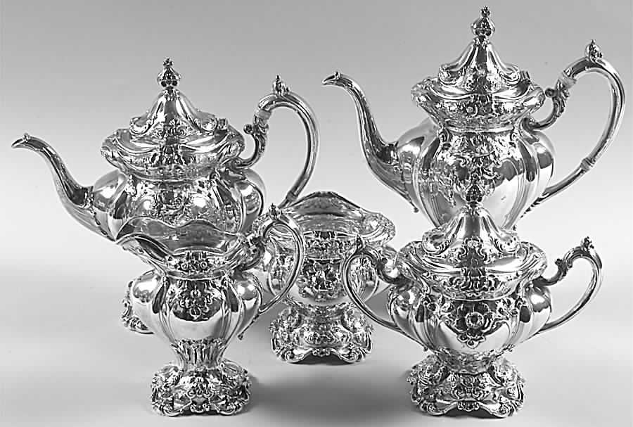 Les Six Fleurs (Sterling, Hollowware) 5 Piece Tea Set (SCP, STP, SCR, SSU, SWB) by Reed & Barton-1