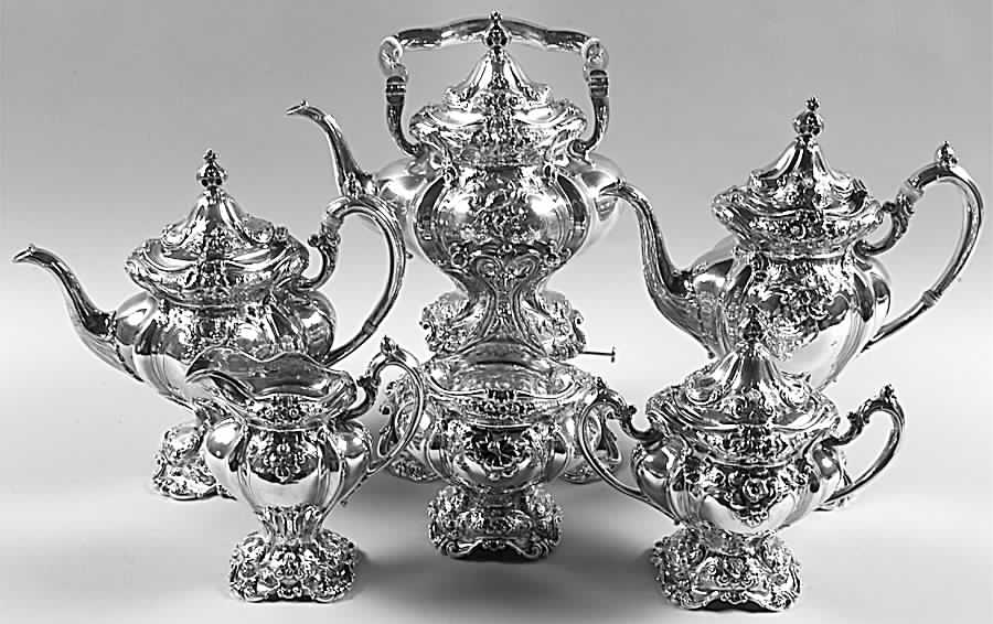 Les Six Fleurs (Sterling, Hollowware) 6 Piece Tea Set (SCP, STP, SCR, SSU, SWB, SKES) by Reed & Barton-1