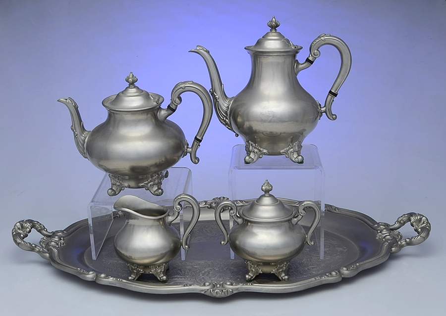 Regent (Pewter, Hollowware) 5 Piece Tea Set (with Tray) by Reed & Barton-1