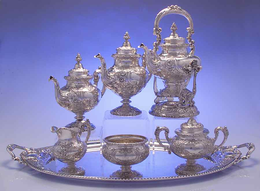 575A (Sterling, Hollowware) 7 Piece Tea Set (SCP, STP, SCR, SSU, SWB, SKES & WT28C) by Reed & Barton-1