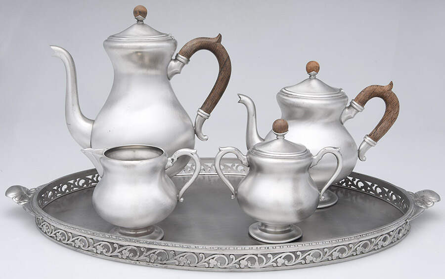 RHL1 (Pewter, Hollowware) 5 Piece Tea Set (CP, TP, CR, SU, GAT18C) by Royal Holland-1