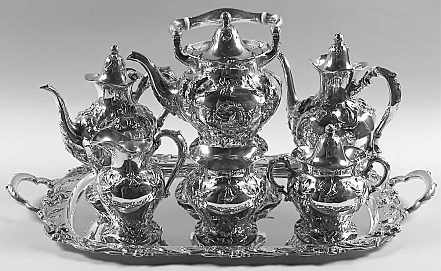 Les Cinq Fleurs (Sterling, Hollowware) 7 Piece Tea Set (SCP, STP, SCR, SSU, SWB, SKES & WTL) by Reed & Barton-1
