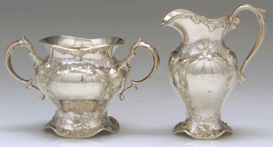Les Cinq Fleurs (Sterling, Hollowware) Mini Sterling Creamer and Open Sugar by Reed & Barton-1