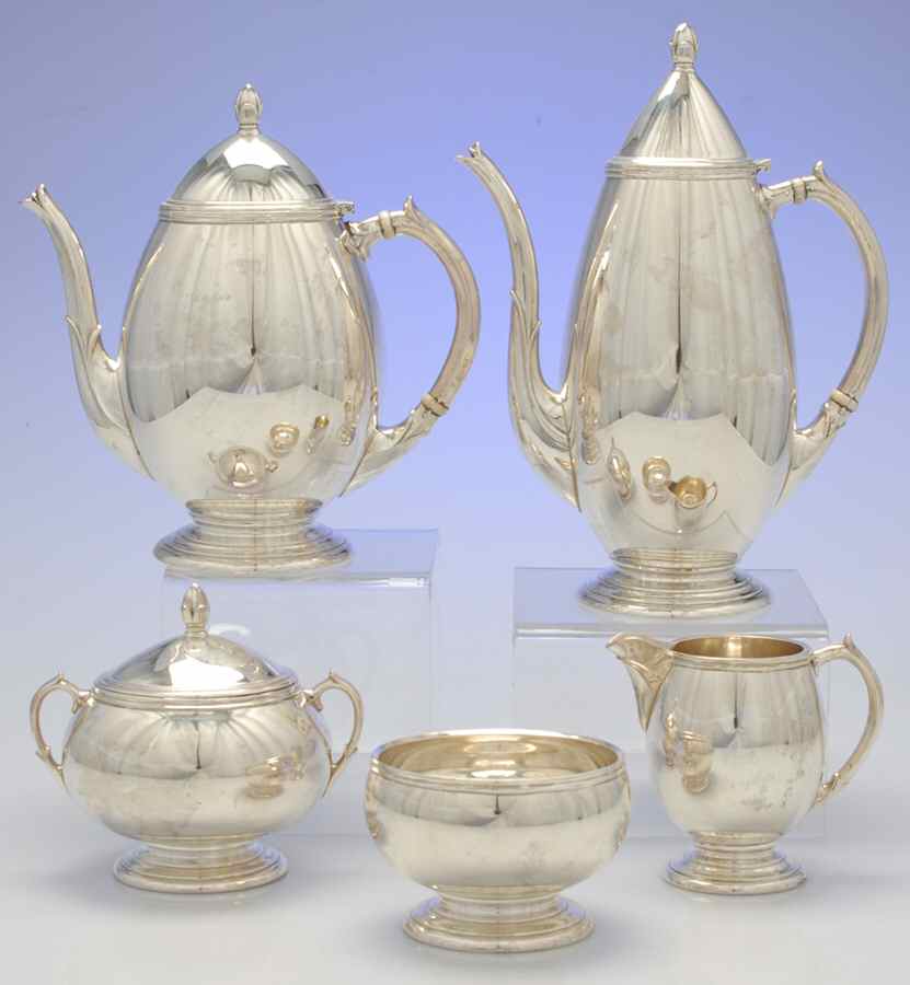 X625 (Sterling, Hollowware) 5 Piece Tea Set (SCP, STP, SCR, SSU, SWB) by Reed & Barton-1