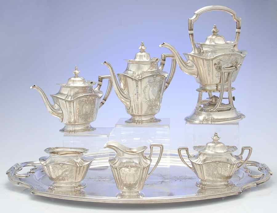 Jacobean-Engraved (Sterling, #680E, Hollowware) 7 Piece Tea Set (SCP, STP, SCR, SSU, SWB, SKES & WTL) by Reed & Barton-1