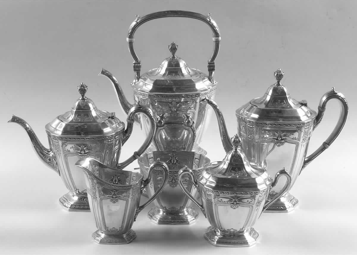 Heritage (Sterling, Hollowware) 6 Piece Tea Set (SCP, STP, SCR, SSU, SWB, SKES) by Reed & Barton-1