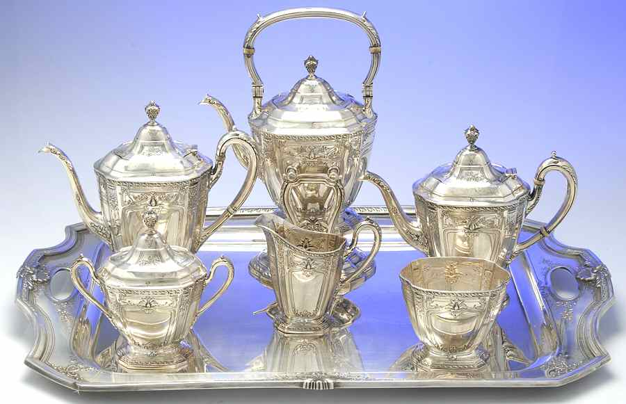 Heritage (Sterling, Hollowware) 7 Piece Tea Set (SCP, STP, SCR, SSU, SWB, SKES, WT27CS) by Reed & Barton-1