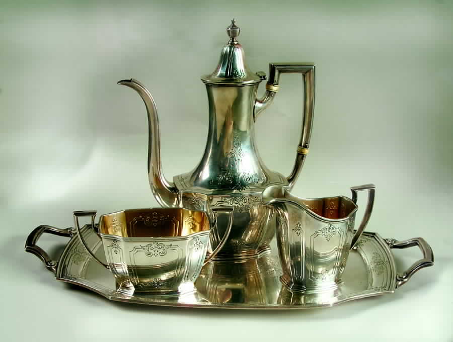 D687 (Sterling, Hollowware) 4 Piece Mini Coffee Set (SCPM, SCRM, SSUOM, STRDEM) by Reed & Barton-1