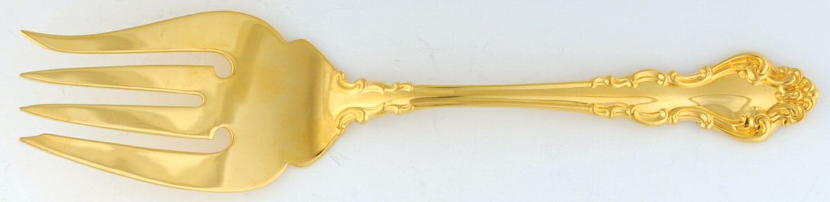 Golden Spanish Baroque (Gold Vermeil, 1965) Medium Solid Cold Meat Serving Fork by Reed & Barton-1