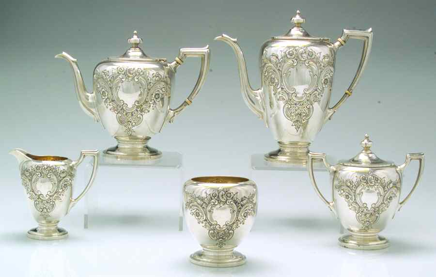 Pointed Antique-Hand Chased 5 Piece Tea Set (SCP, STP, SCR, SSU, SWB) by Reed & Barton-1