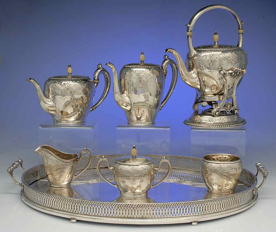 J22 (Sterling, Hollowware) 7 Piece Tea Set (SCP, STP, SCR, SSU, SWB, SKES & GAT23) by Reed & Barton-1