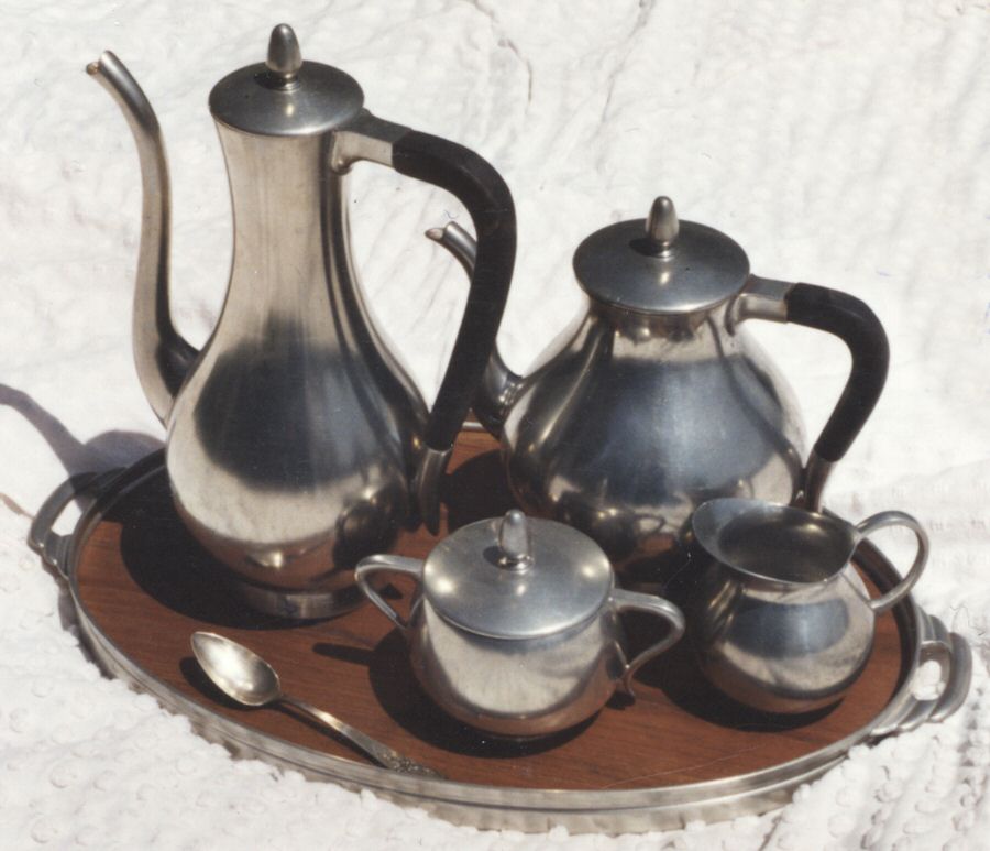 RHL4 (Pewter, Hollowware) 5 Piece Tea Set (CPBH,TPBH, SCR, SSU, WTL) by Royal Holland-1