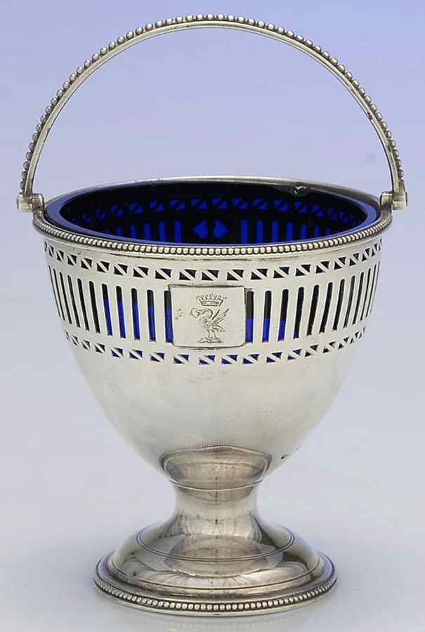 R6H1 (Sterling, Hollowware) Handled Sugar Basket With Cobalt Liner by Robert Hennell I-1