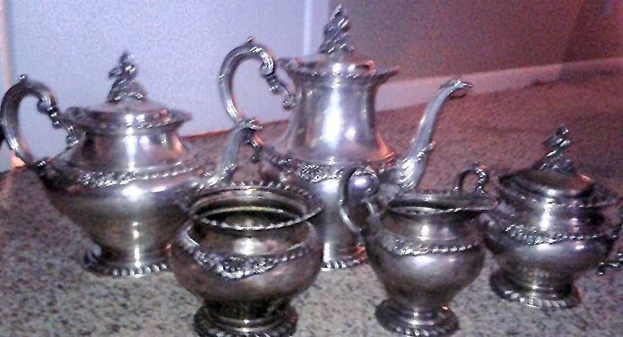 Staffordshire (Silverplate, Hollowware) 5-Piece Plated Tea Set (with Waste) by Reed & Barton-1