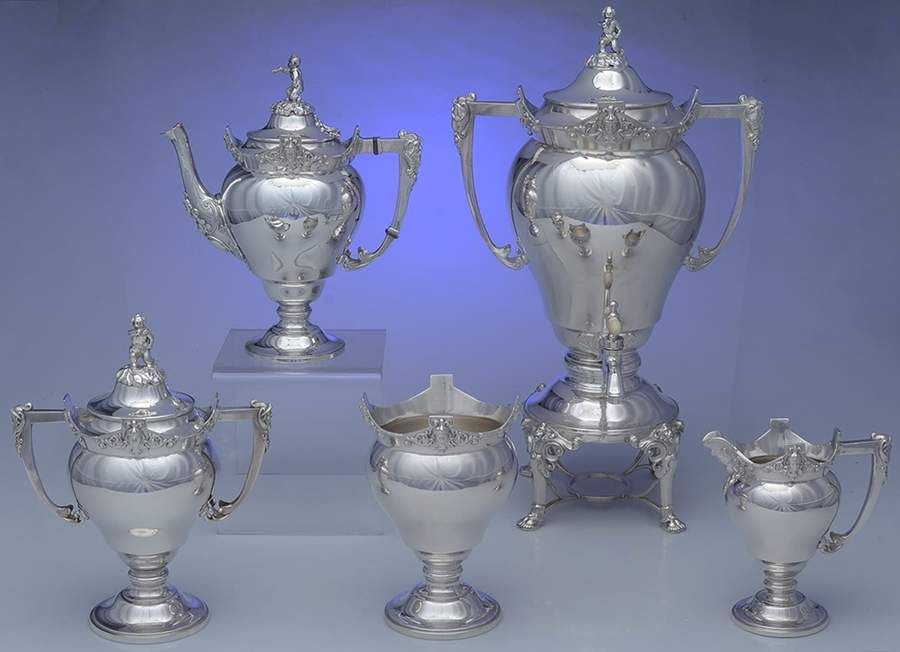 1878 (Silverplate, Hollowware) 5 Piece Tea Set (PTP, PCR, PSU, PWB, URN) by Reed & Barton-1