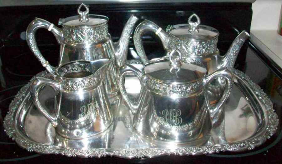 1390 (Silverplate, Hollowware) 5-Piece Silverplate Tea Set (with Tray) by Reed & Barton-1