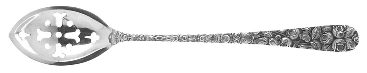 Baltimore Rose (Sterling, 1905, Plain) Pierced Bowl Short Handle Olive Spoon by Schofield-1