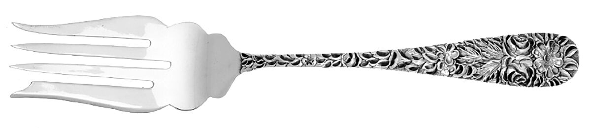 Hand Chased Rose (Sterling, 1906) Medium Solid Cold Meat Serving Fork by Schofield-1
