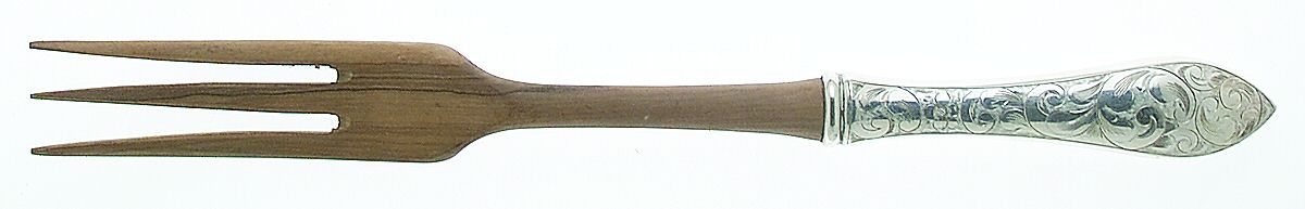 Lorraine (Sterling, 1935, All Over Engraved) Salad Serving Fork with Wooden Prongs by Schofield-1