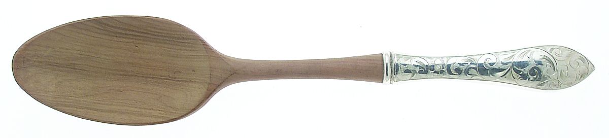 Lorraine (Sterling, 1935, All Over Engraved) Salad Serving Spoon with Wooden Bowl by Schofield-1