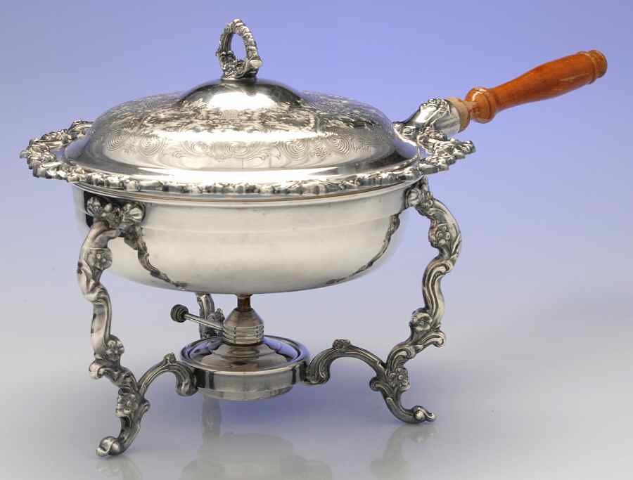 Silverplate Hollowware Chafing Dish W/Lid, Burner & Stand by Sheridan Silver Co-1