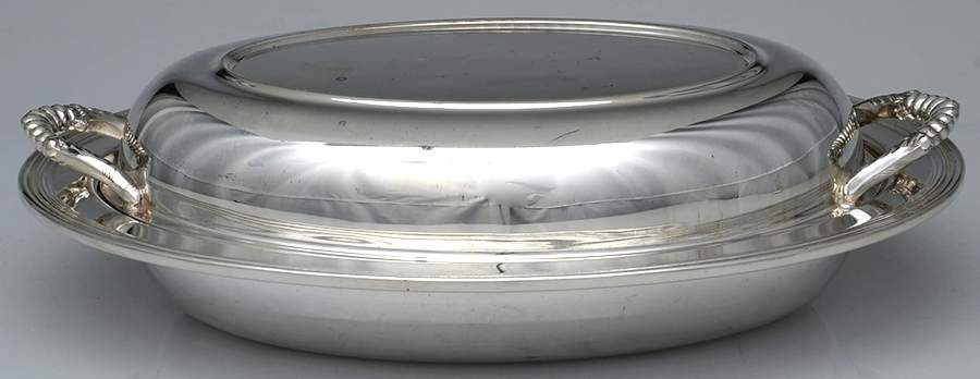 Silverplate Hollowware 11" Oval Double Vegetable with Glass Liner by Sheridan Silver Co-1