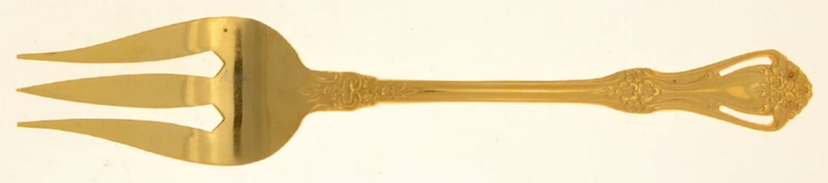 Gold Valentine (Gold Electroplate) Medium Solid Cold Meat Serving Fork by Stanley Roberts-1