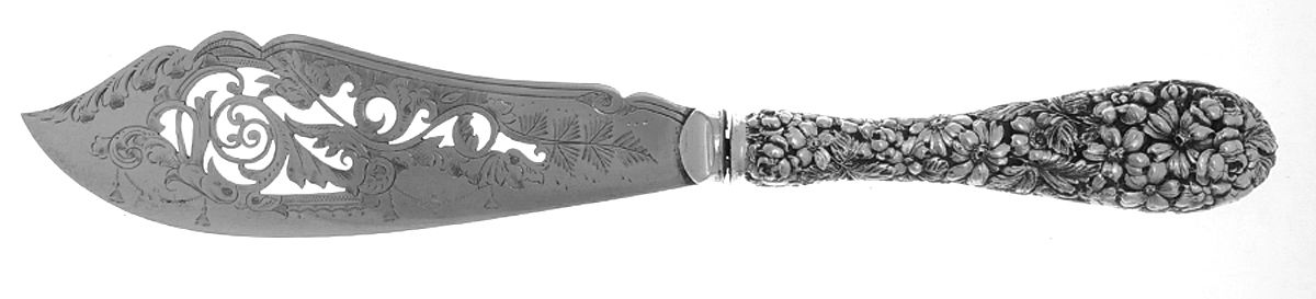Baltimore Rose (Sterling, 1905, Decor) Hollow Handle Fish Serving Knife,Sp Bld,Bright Cut by Schofield-1