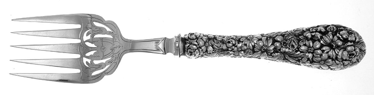 Baltimore Rose (Sterling, 1905, Decor) Hollow Handle Fish Srv Fork, SP Tines Bright Cut by Schofield-1