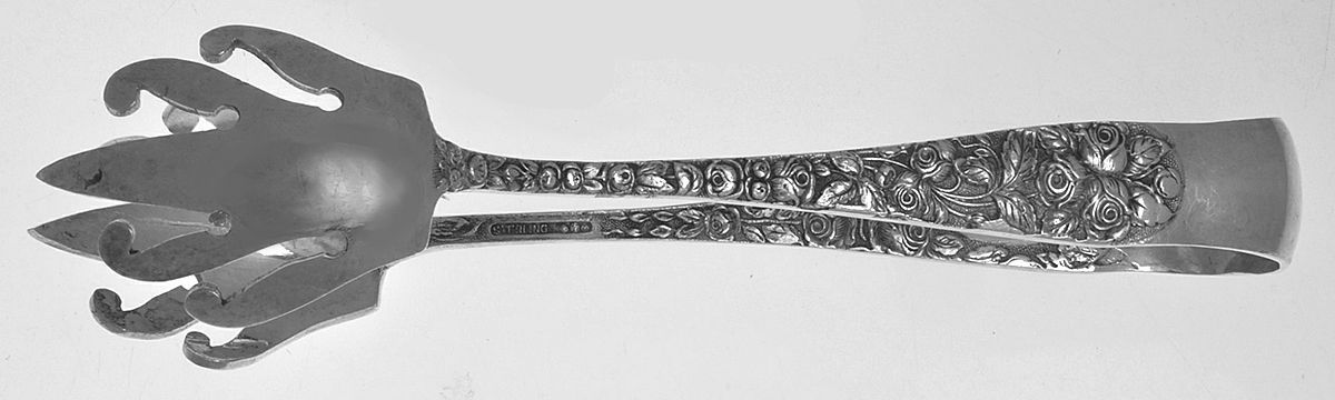 Baltimore Rose (Sterling, 1905, Decor) Large Ice Serving Tongs with Claw Tips by Schofield-1