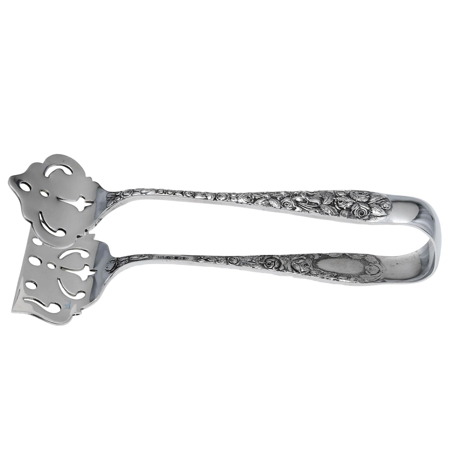 Baltimore Rose (Sterling, 1905, Decor) Large Solid Sandwich Tongs by Schofield-1