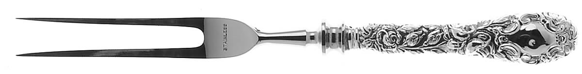 Baltimore Rose (Sterling, 1905, Decor) Small Steak Carving Fork with Stainless Prongs by Schofield-1