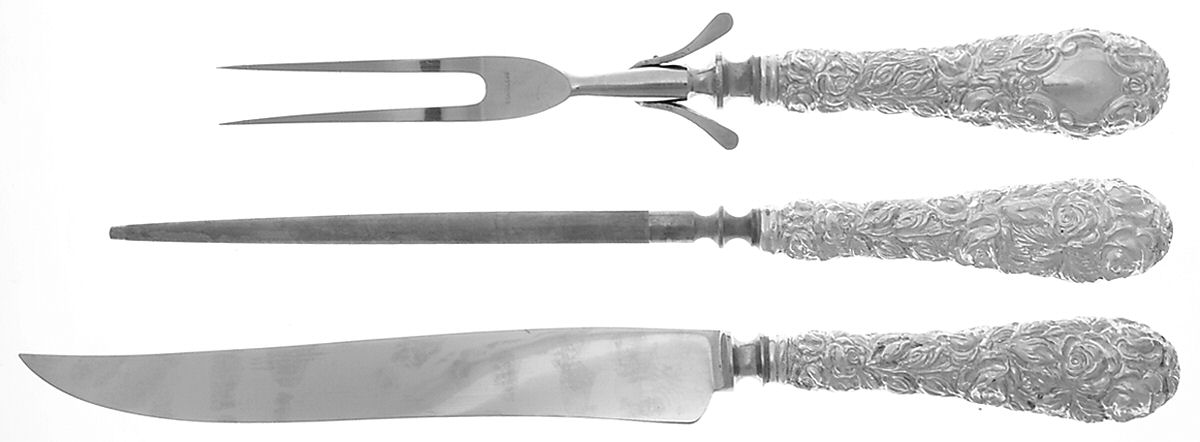 Baltimore Rose (Sterling, 1905, Decor) Large 3-Piece Roast Carving Set w/ Stainless Blade by Schofield-1