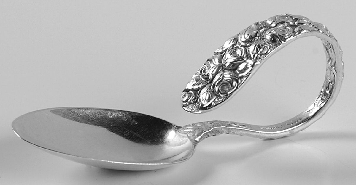 Baltimore Rose (Sterling, 1905, Decor) Curved Handle Baby Spoon by Schofield-1