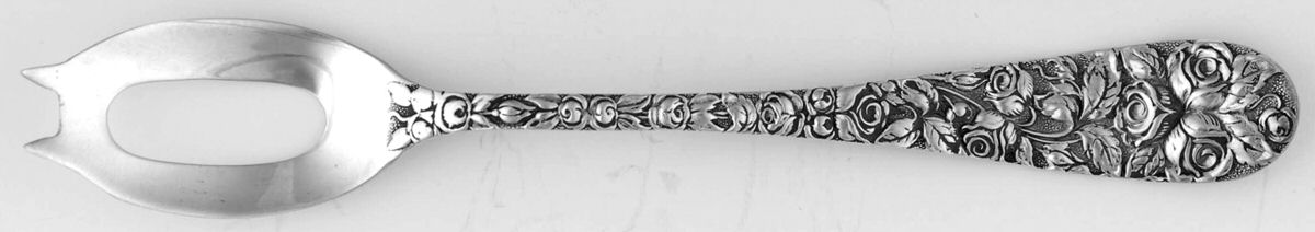 Baltimore Rose (Sterling, 1905, Decor) Short Handled Olive Spoon with Pierced Bowl by Schofield-1
