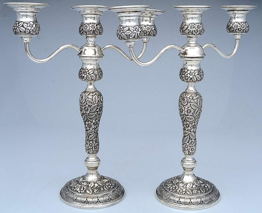 Baltimore Rose (Sterling, Hollowware) Pair of Weighted 3 Light Candelabra by Schofield-1