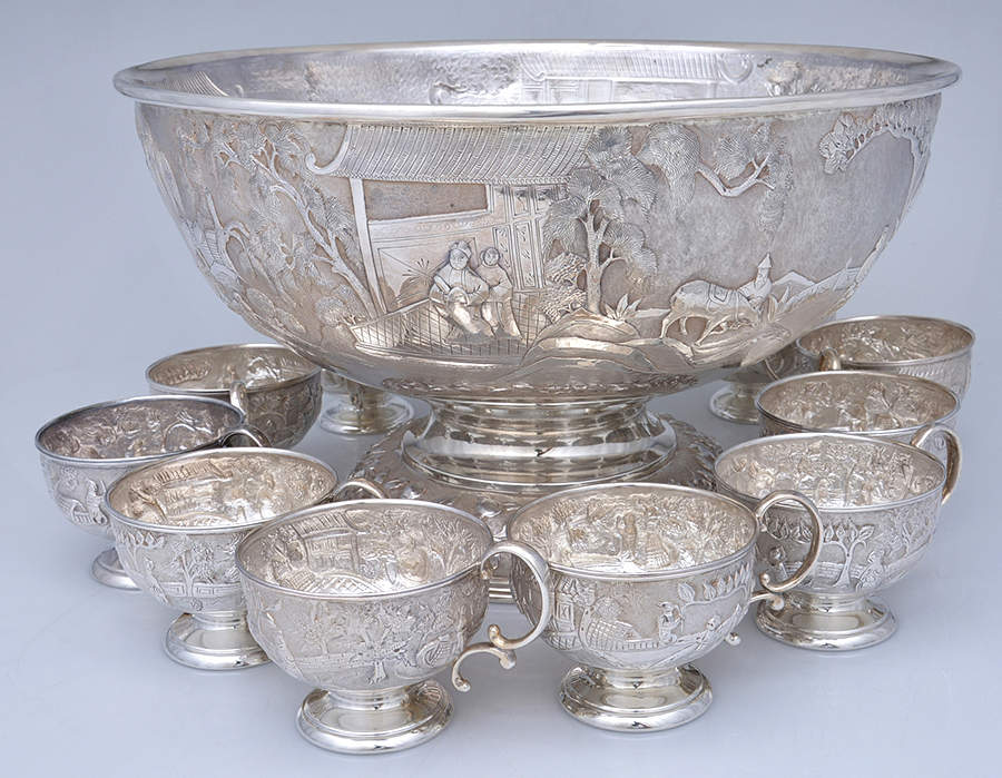 Baltimore Rose (Sterling, Hollowware) Sterling Punch Set (Bowl & 12 Cups) by Schofield-5