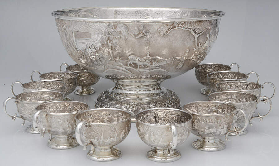 Baltimore Rose (Sterling, Hollowware) Sterling Punch Set (Bowl & 12 Cups) by Schofield-1