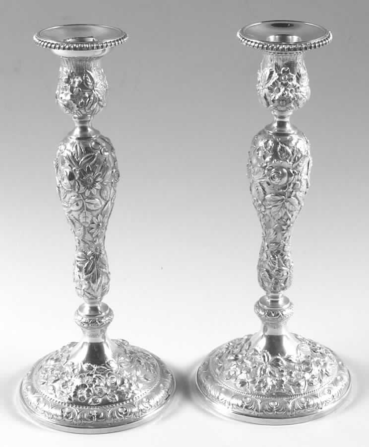 Baltimore Rose (Sterling, Hollowware) Pair of Weighted Candlesticks with Bobeche by Schofield-1